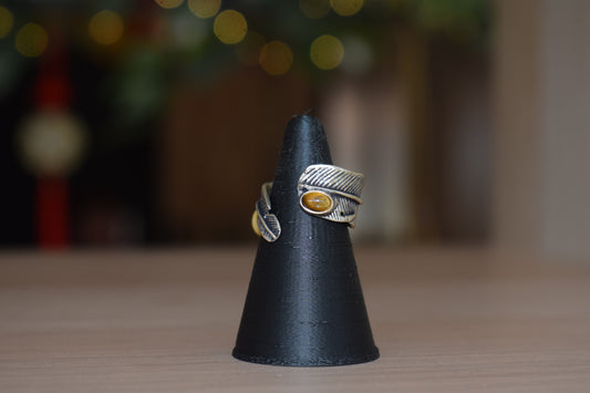 Bague en forme de plume avec pierre oeil de tigre en argent