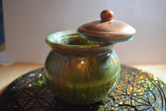 Petite Boîte Ronde Pailletée finition verte & marron