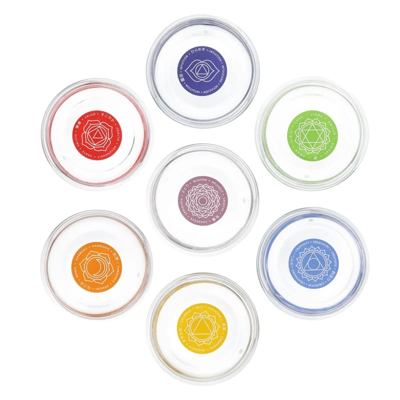Verre Mythos SET 7 chakra - symboles et textes